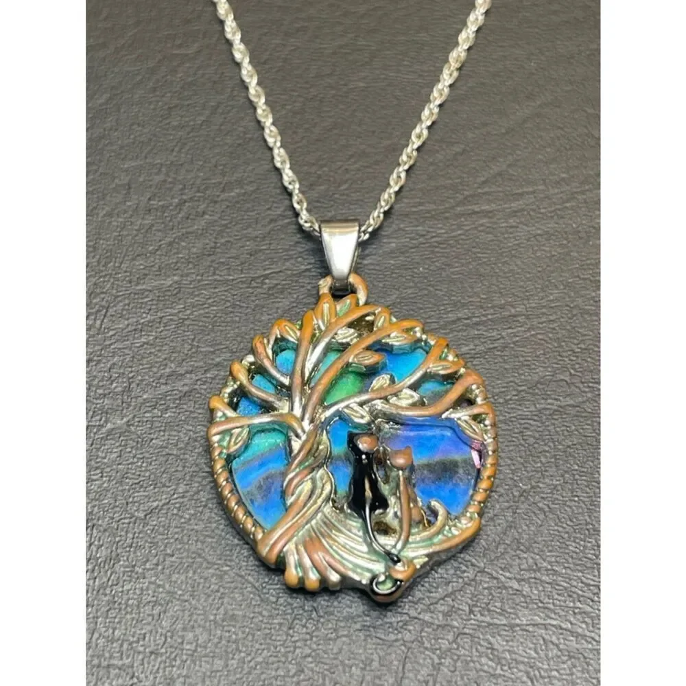 Tree of Life Silver Necklace with Blue-Green Enamel Pendant